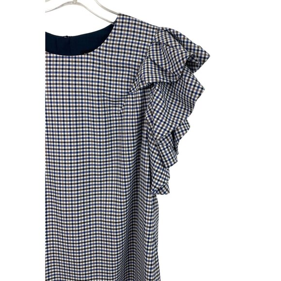 Banana Republic Sheath Dress Womens 14 Blue Brown Plaid Single Ruffle Shoulder - Picture 4 of 10